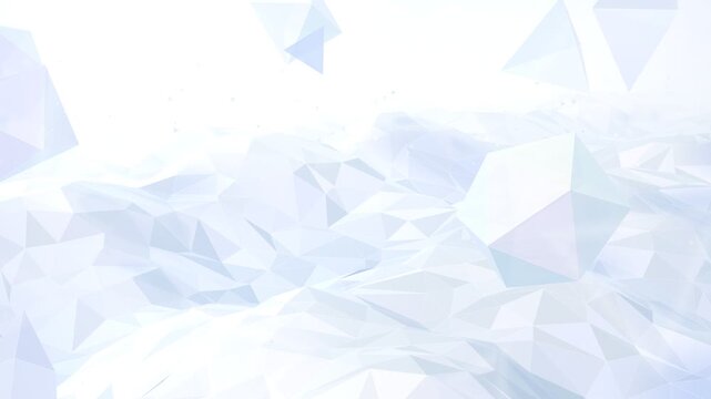 Clean white low poly terrain surface with geometric floating crystals in a seamless loop