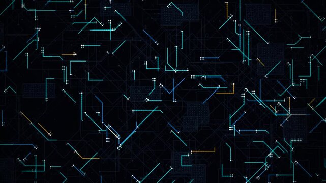 An abstract digital circuit board animation features glowing cyan and orange electronic traces and data pathways shifting across a dark patterned background.
