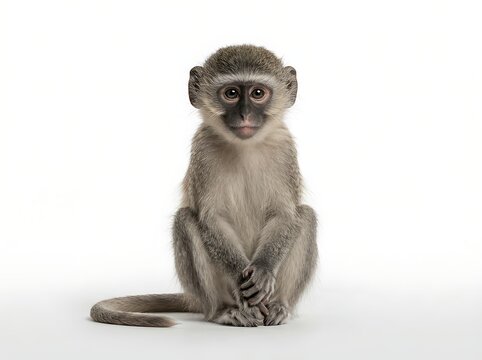 A cute baby vervet monkey sitting and looking at the camera, isolated on white background