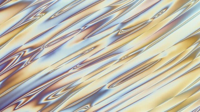 Iridescent liquid crystal texture with parallel gold and silver metallic wave patterns ideal for backgrounds, digital art, and design projects.