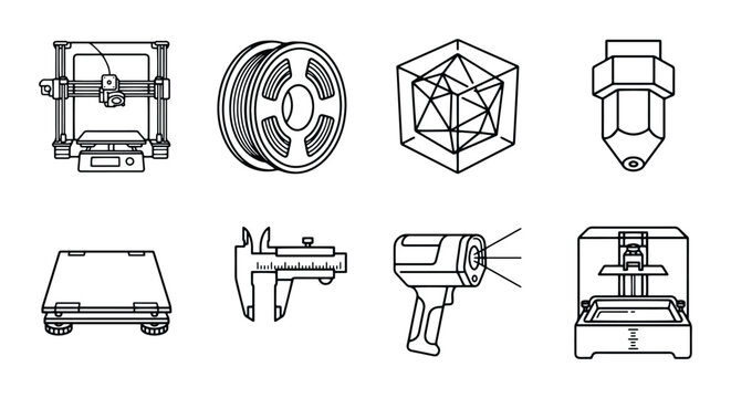 3D printing line icons set with printer, filament spool, nozzle, caliper and scanner for technology and industry