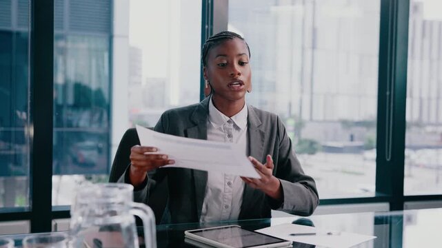 Businesswoman, document and consultation in office with client, data analysis and guidance for loan. Debt consultant, person talk and meeting with paperwork for customer, liability stats and advice.