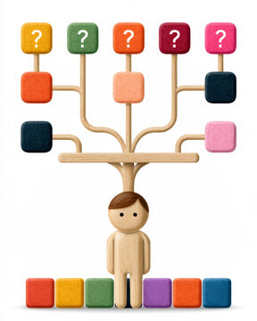 Colorful wooden decision tree with question marks, branching path, and figure choosing among blocks
