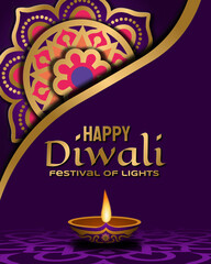 Elegant Purple Diwali Festival Flyer. Vertical purple Happy Diwali card with a glowing golden diya lamp, ornate top mandala, and golden text. Ideal for festive greetings and posters. © abdy Abdilah48