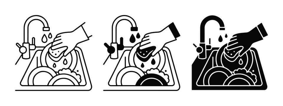 Washing dishes in sink with sponge, flat icon for app