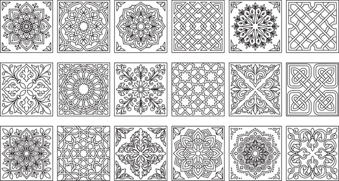 Set of Decorative Square Tile Patterns with Intricate Geometric and Floral Line Art Designs