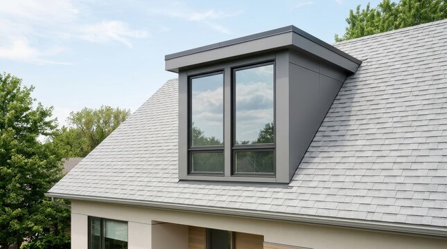 Modern dormer window addition on a grey asphalt shingle roof of a suburban house. Architectural detail for home renovation or construction.