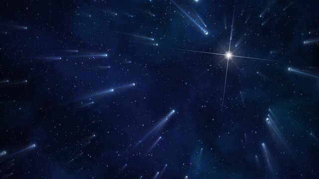 Deep space journey through a field of glowing icy comets and stars