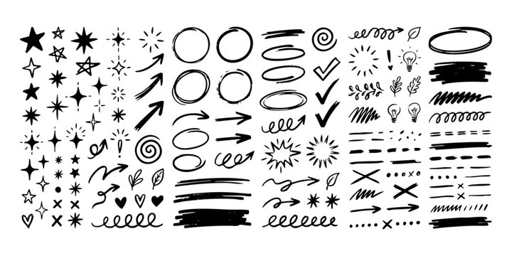 Hand drawn doodle elements stars circles arrows and check marks on white.
