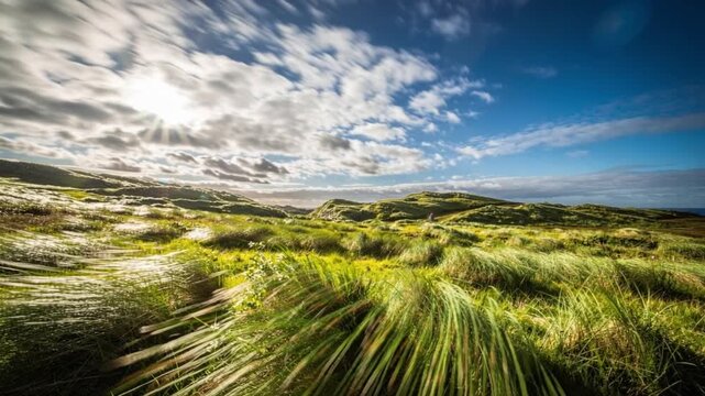 Magdalen islands grass blowing in the wind under a sunlit sky