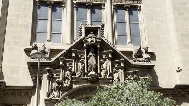Barcelona, Spain, 5 May 2026. Exterior view of the historic Church of the Sacred Heart of Jesus on Carrer de Casp, featuring Neo-Byzantine and Romanesque architectural elements.