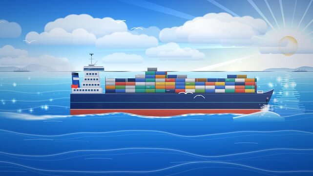 cargo container ship sailing across the blue ocean waves under sunny skies loop