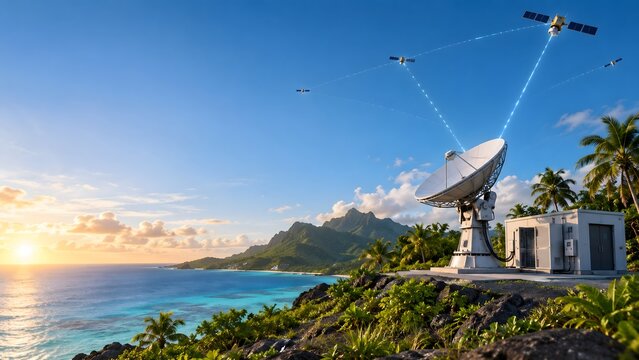 Coastal Satellite Ground Station Linking Orbiting Satellites at Sunset