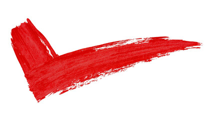 Isolated red hand-painted checkmark, a textured brush stroke indicating approval or success. © Lars