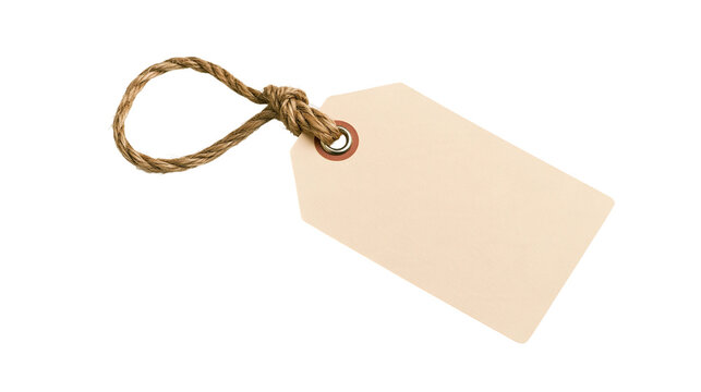 Isolated blank beige rectangular gift tag with natural jute string loop and metal grommet