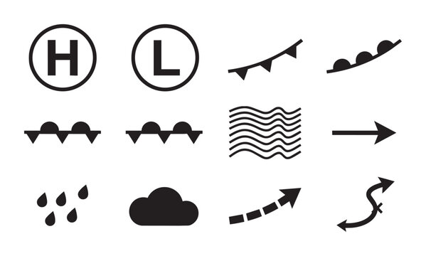 Weather symbols set with high and low pressure, fronts, rain and wind for forecasting