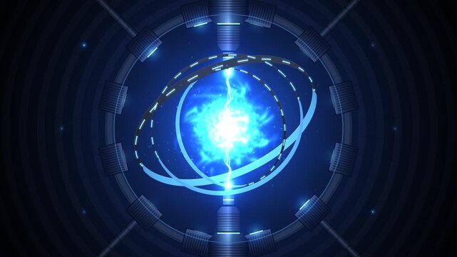 Futuristic plasma reactor core spinning with glowing energy and electrical lightning discharges