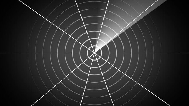 Digital radar screen scanning animation, rotating sonar sweep background, military surveillance and technology interface motion