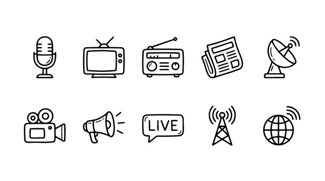 Hand drawn media icons set, 10 doodle communication symbols, black outline radio and television icons, broadcast and news journalism elements
