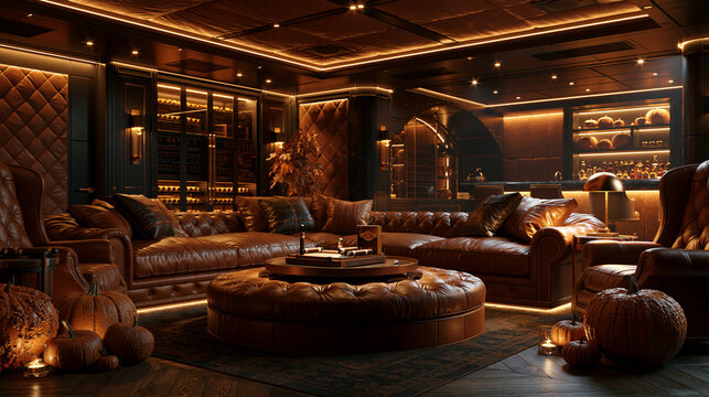 Luxurious dark lounge interior featuring leather chesterfield sofas warm ambient lighting and autumn pumpkins