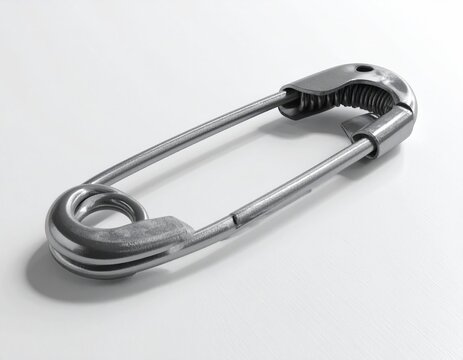 Metallic safety pin with coiled spring mechanism, isolated on white