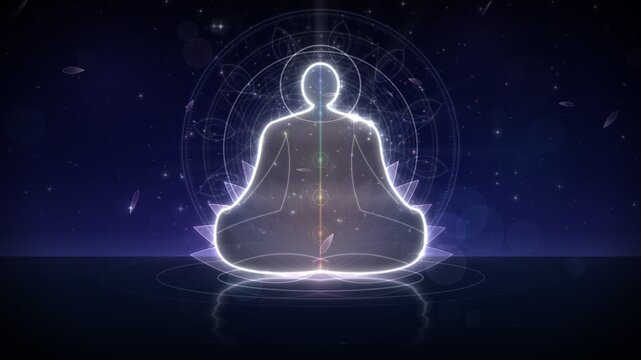 Glowing silhouette of person in lotus meditation pose with chakra points and sacred geometry