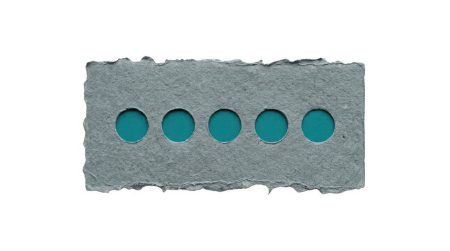 A horizontal strip of rough, grey handmade paper with five circular cutouts revealing a vibrant teal background, minimalist abstract composition isolated on transparent background