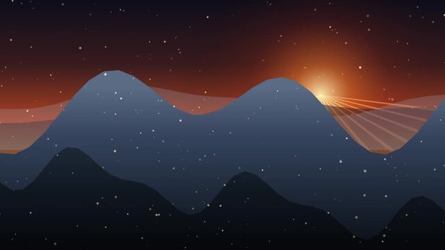 Abstract Mountain Sunrise Landscape with Glowing Alpen Glow and Sun Rays, Minimalist Vector Illustration Style Background