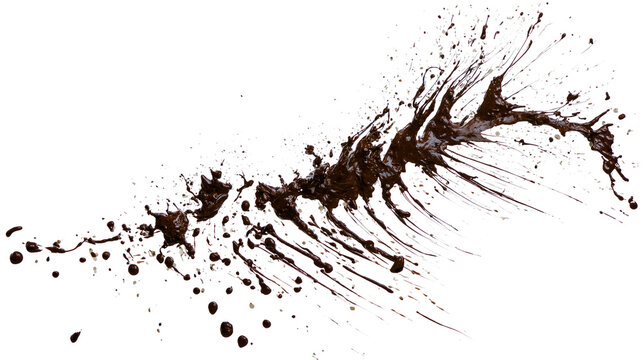 Isolated dynamic dark brown fluid splash with scattered drops, a vibrant liquid burst.