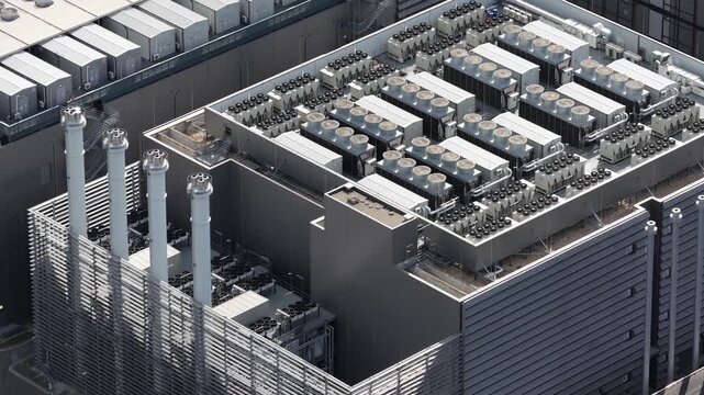 Aerial view of rooftop HVAC and cooling systems on large data centers in Frankfurt, Germany, supporting servers, AI computing, cloud infrastructure and high-density IT workloads.