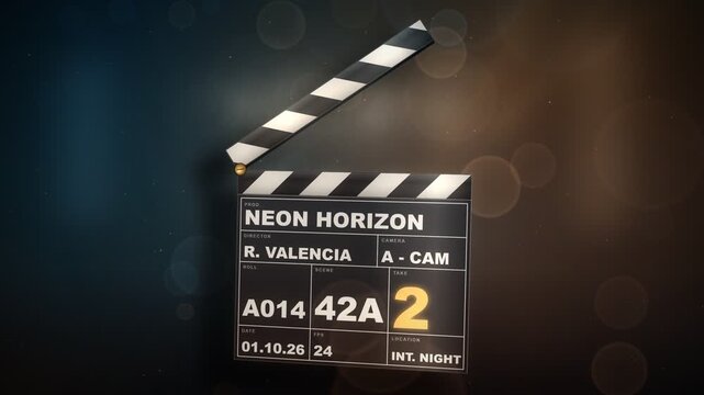 Filmmaking movie clapperboard counting down with light flares in a cinematic loop