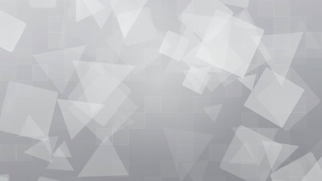Abstract white and grey geometric background with floating translucent squares and triangles moving slowly