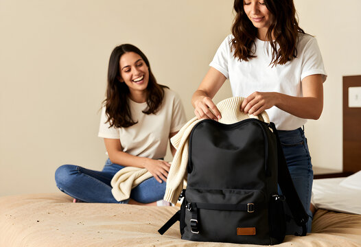 A woman stuffing one last sweater into an overfull backpack