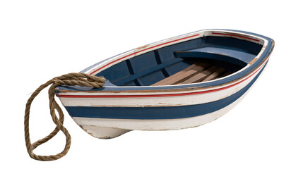 Isolated weathered wooden rowing boat with blue and white hull stripes and mooring rope. © Aoife