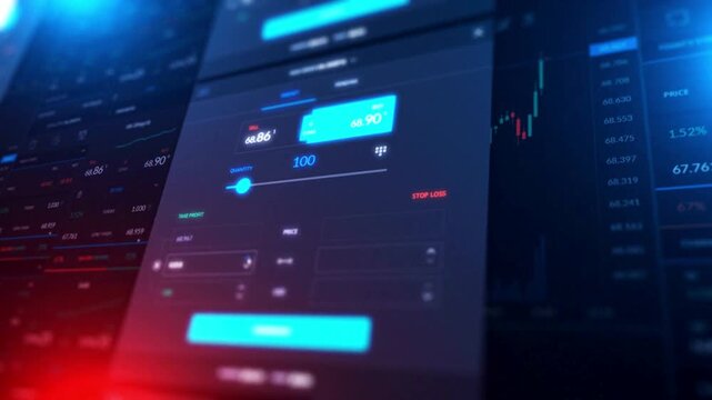 Digital stock market trading platform interface with financial charts and data analytics