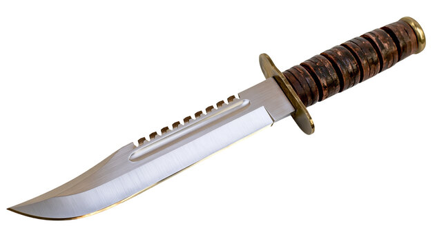 Isolated vintage military combat survival knife with stacked leather handle, brass guard and sharp blade