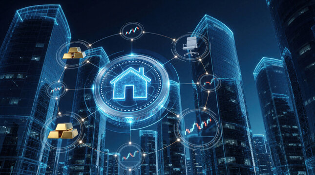 Digital interface shows real estate tokenization via blockchain tech. Glowing house icon connects to gold bars, office chair, market data charts. Smart RWA assets represent property investment in