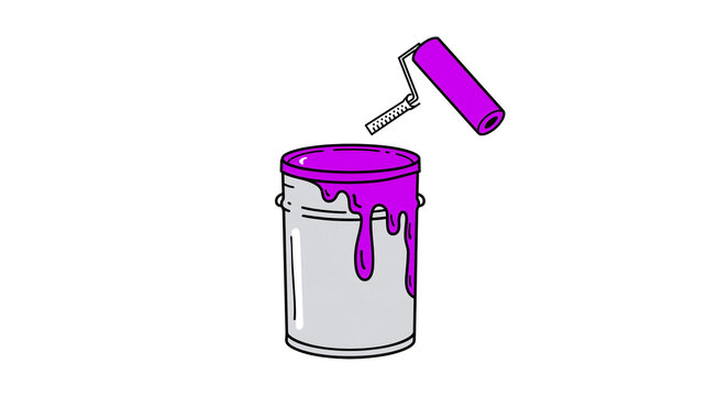 Isolated paint can with dripping purple paint and a roller tool, creative home renovation art