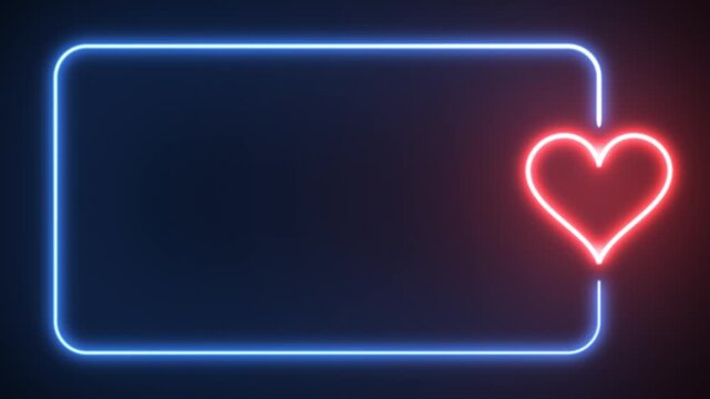Blue neon rectangle frame draws in with red glowing heart on right edge against dark backdrop. Horizontal animation for Valentine greetings, love promotions, and romantic titles.