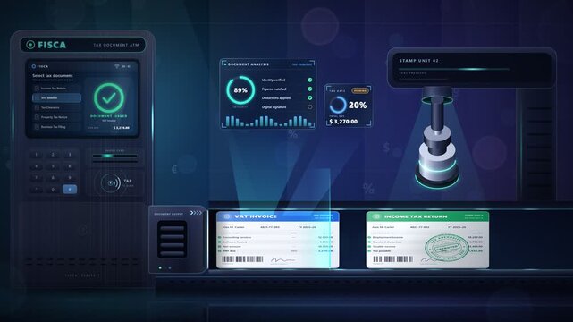 Automated tax document processing and stamp verification machine animation loop