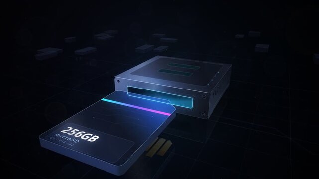 Micro SD memory card insertion into card reader slot 3D animation