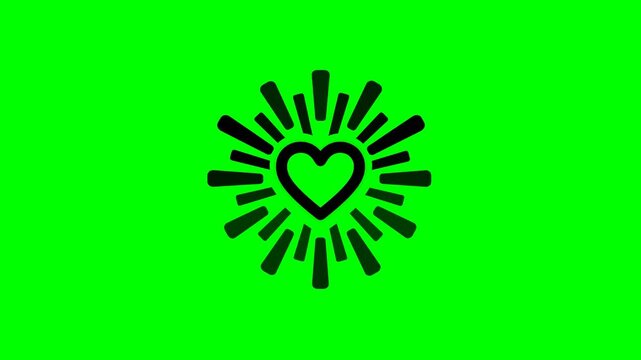 Black heart icon with radiating burst on bright green background.