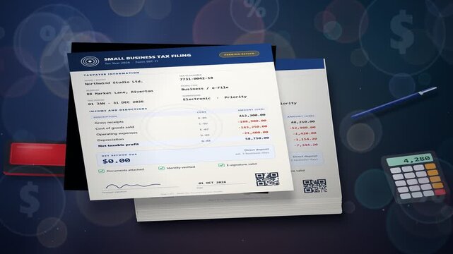 Individual income tax return document getting approved with red rubber stamp animation