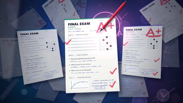 final exam paper graded with red pen receiving a plus score animation loop