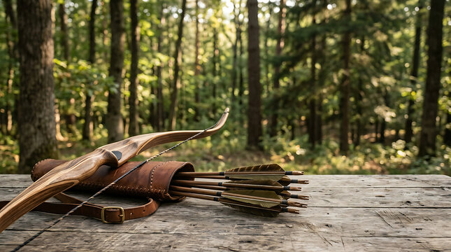 Traditional wooden bow and arrows in quiver on a forest table