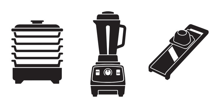 Kitchen appliance silhouettes set with steamer, blender and mandoline slicer for cooking