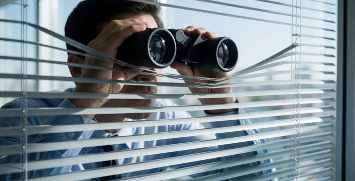 Middle aged man uses binoculars to watch through office window blinds. Professional male observes street activity monitors surroundings from indoor workspace. Person looks for information spies
