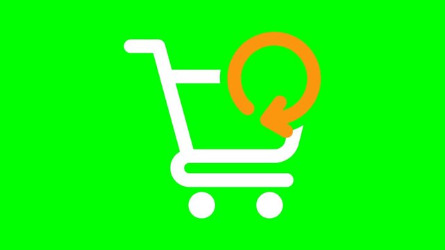 White shopping cart icon with orange return arrow on green background.