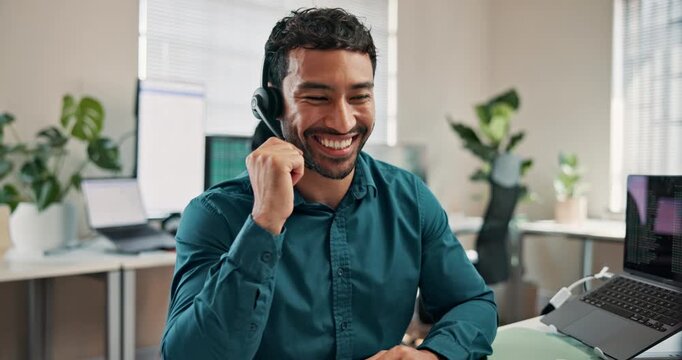 Smile, man and programmer at call center with computer, discussion and crm for technical support. Happy, person and coworking in office with pc, customer service and it assistance for software issues