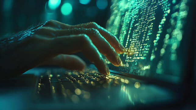 Close-up of a hand typing on a glowing laptop keyboard with digital code scrolling in the background, illuminated by cool blue and green ambient light, highlighting tech elements.